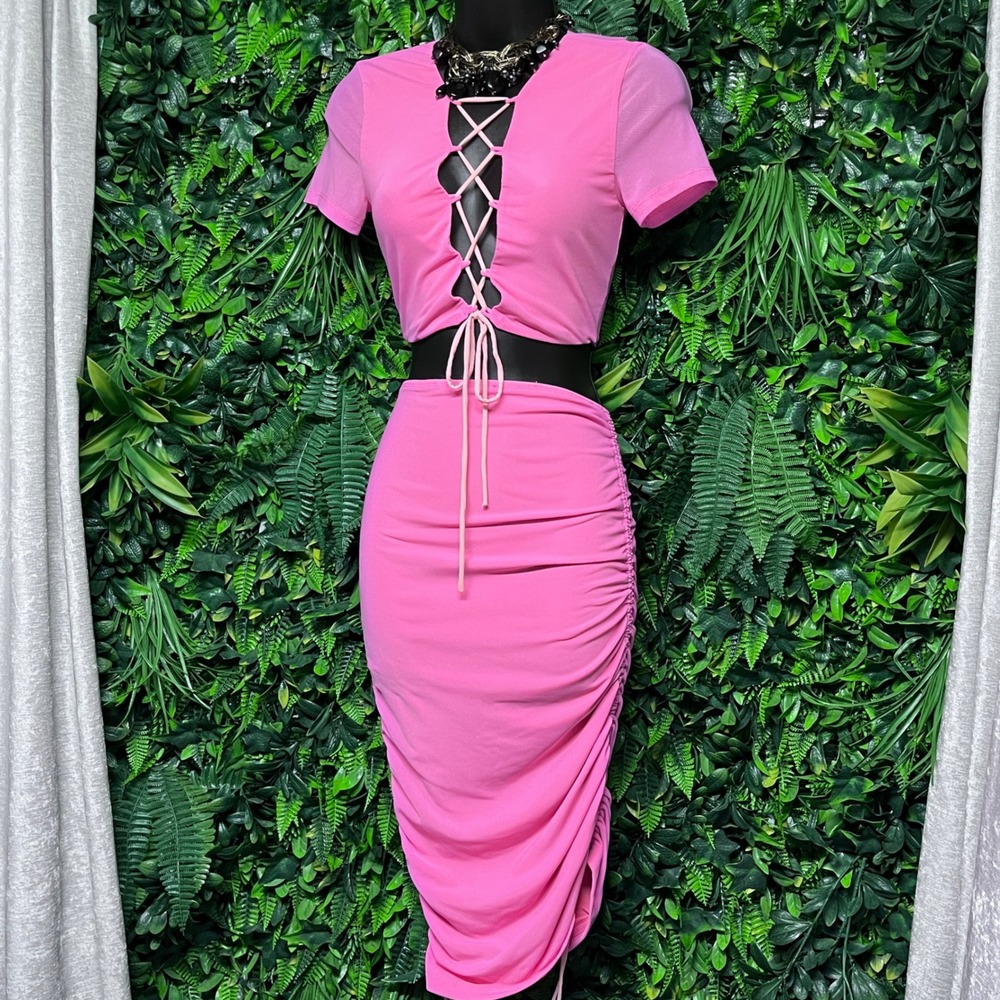 Hello Molly Skirt Set Size 6 Pink Two Piece Lace Up Crop Top Ruched Midi 3907